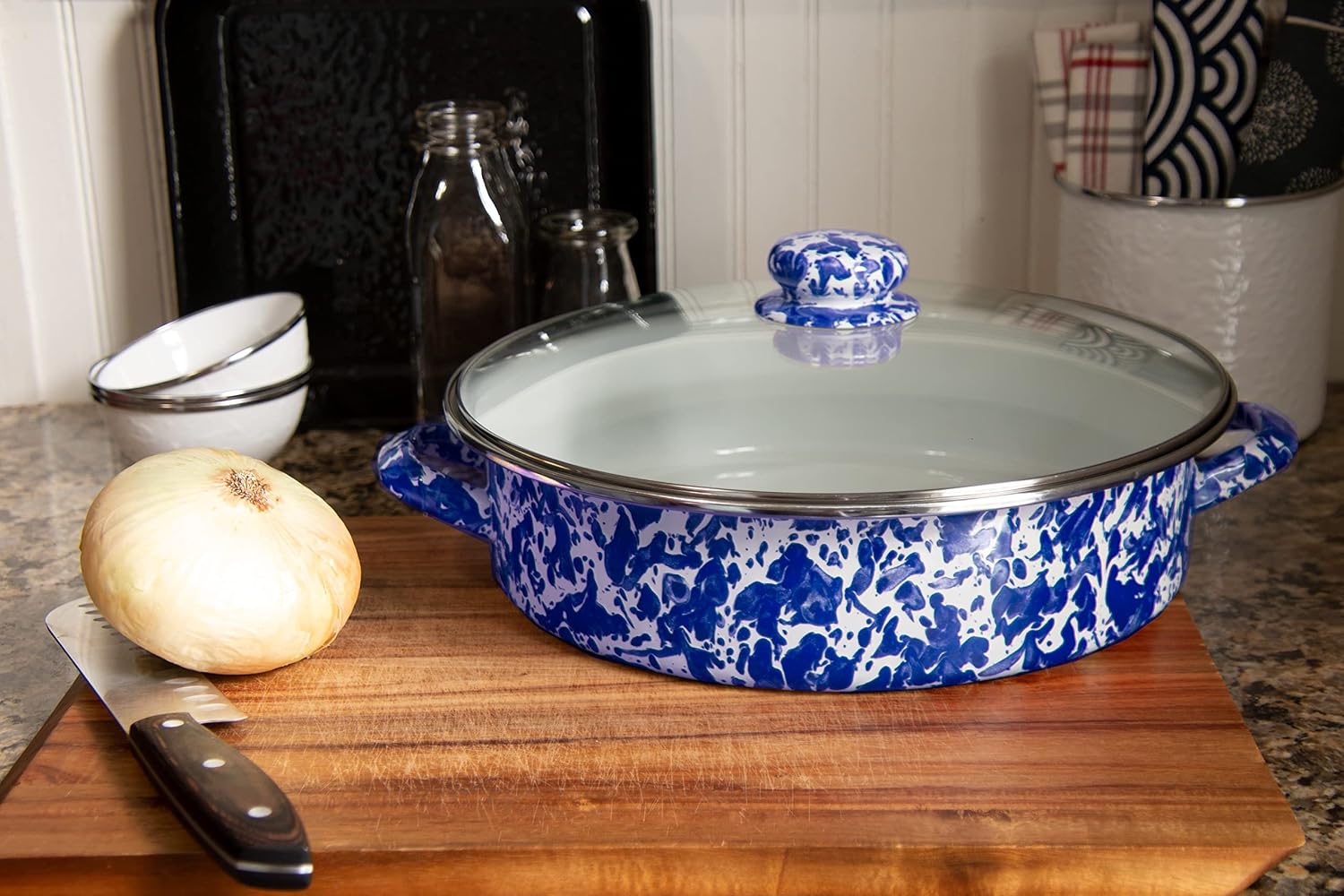Golden Rabbit Enamelware Saute Pan, 5 quart, Cobalt Swirl