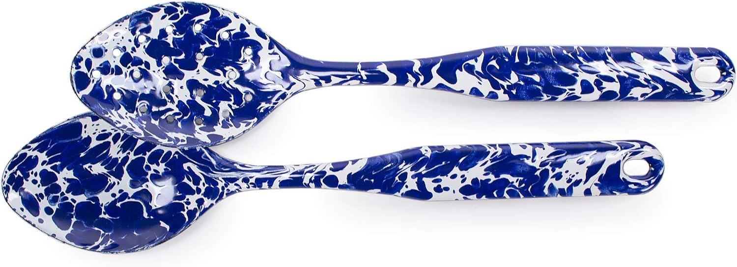 Golden Rabbit Enamelware 2-piece Spoon Set, Slotted and Regular, Cobalt Swirl