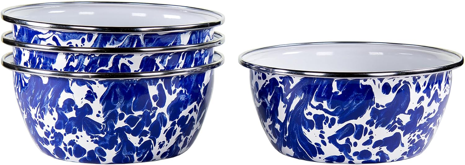 Golden Rabbit Enamelware Salad Bowls, 24 ounce, Cobalt Swirl, Set of 4