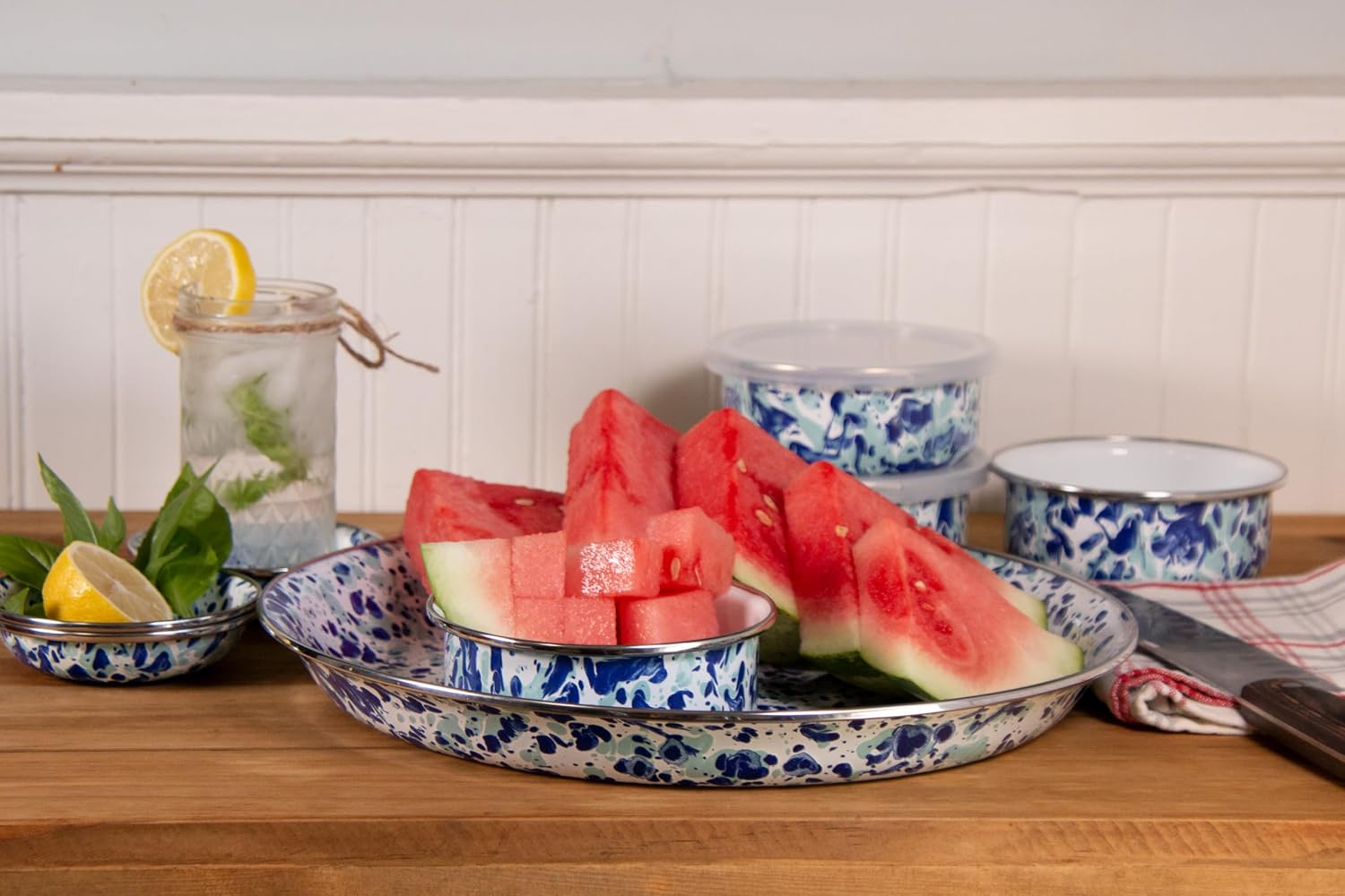Golden Rabbit Enamelware Small Serving Tray, 12 inch, Ocean