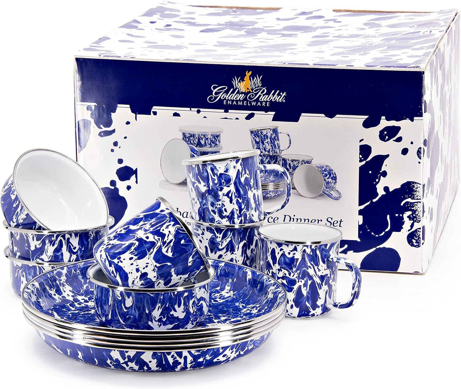 Golden Rabbit Enamelware 12-piece Dinnerware Set, Cobalt Swirl
