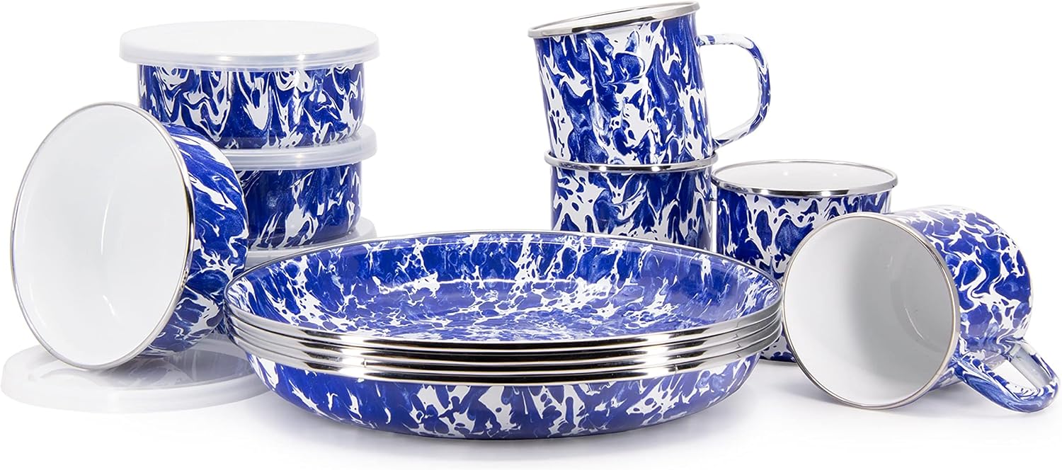 Golden Rabbit Enamelware 12-piece Dinnerware Set, Cobalt Swirl
