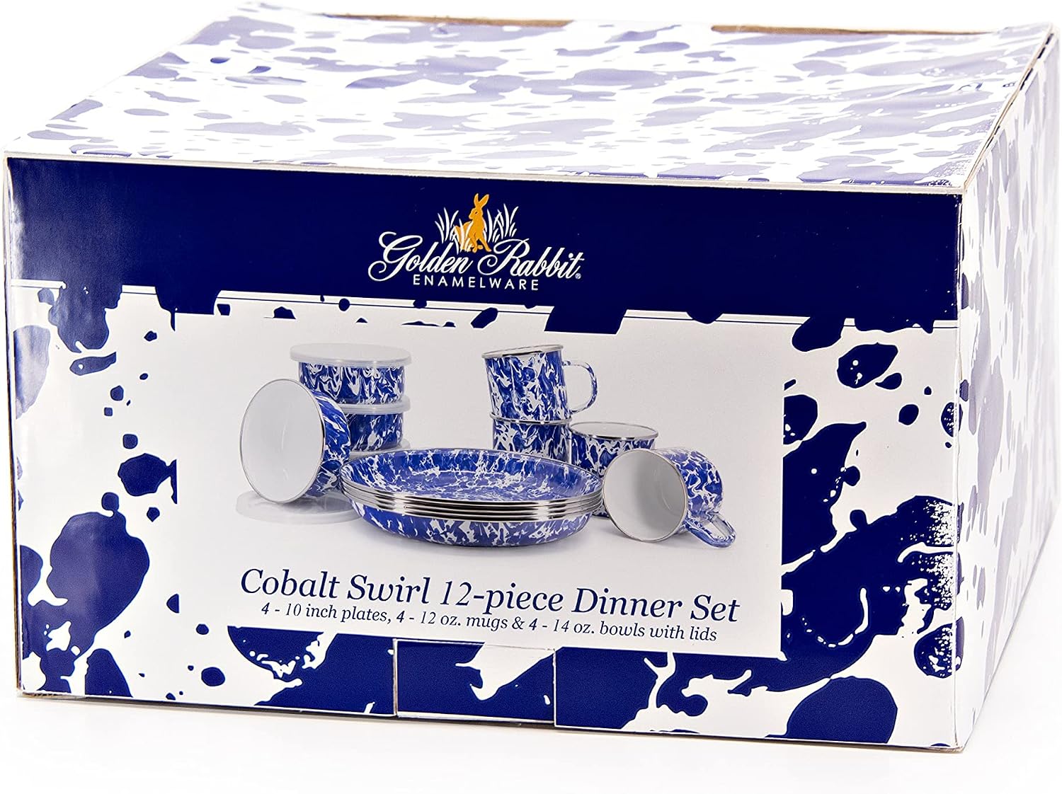 Golden Rabbit Enamelware 12-piece Dinnerware Set, Cobalt Swirl