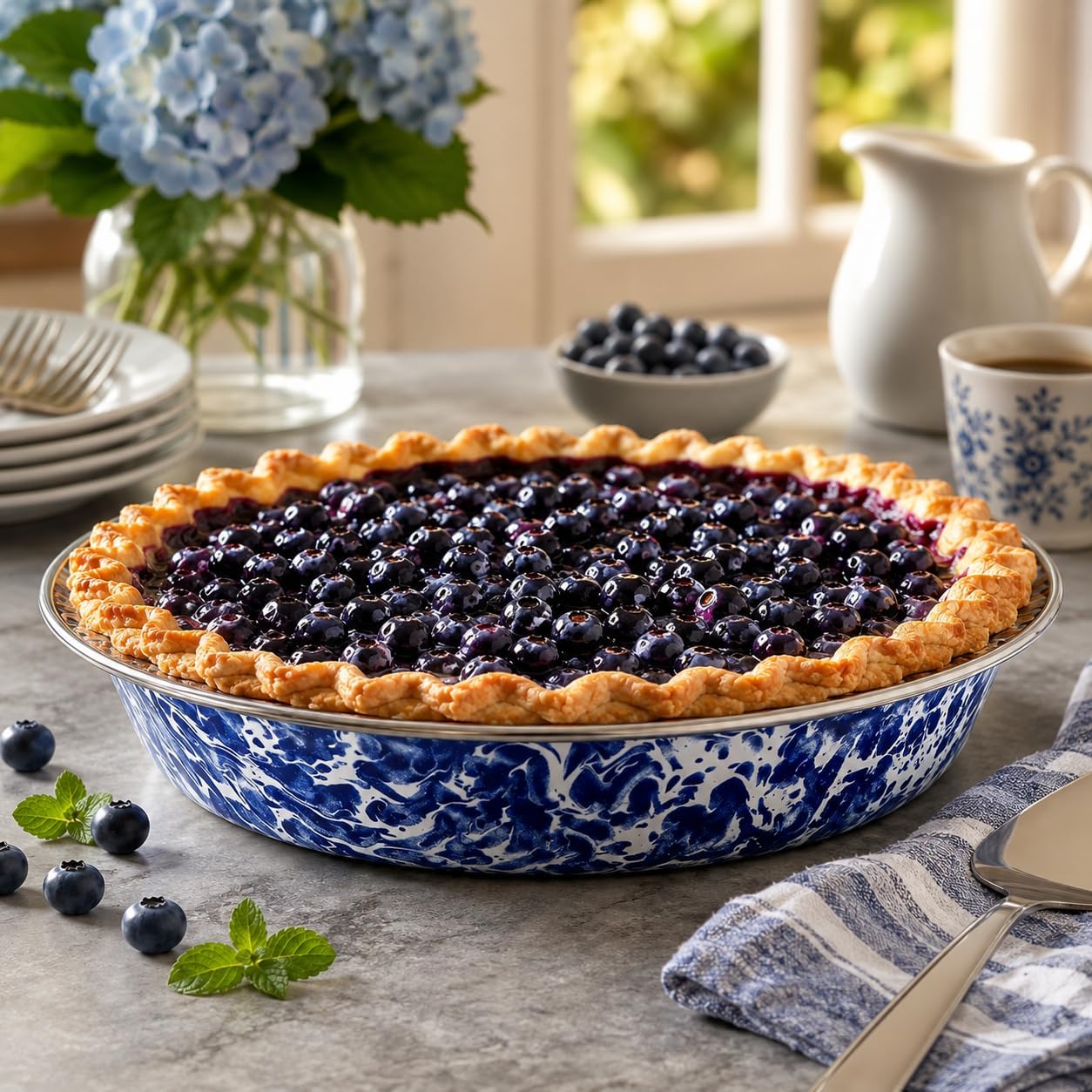 Golden Rabbit Enamelware Pie Pan Plate, 10 inch, Cobalt Swirl