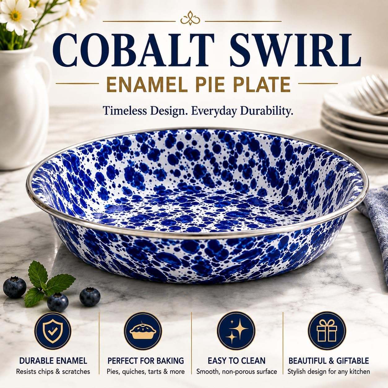 Golden Rabbit Enamelware Pie Pan Plate, 10 inch, Cobalt Swirl
