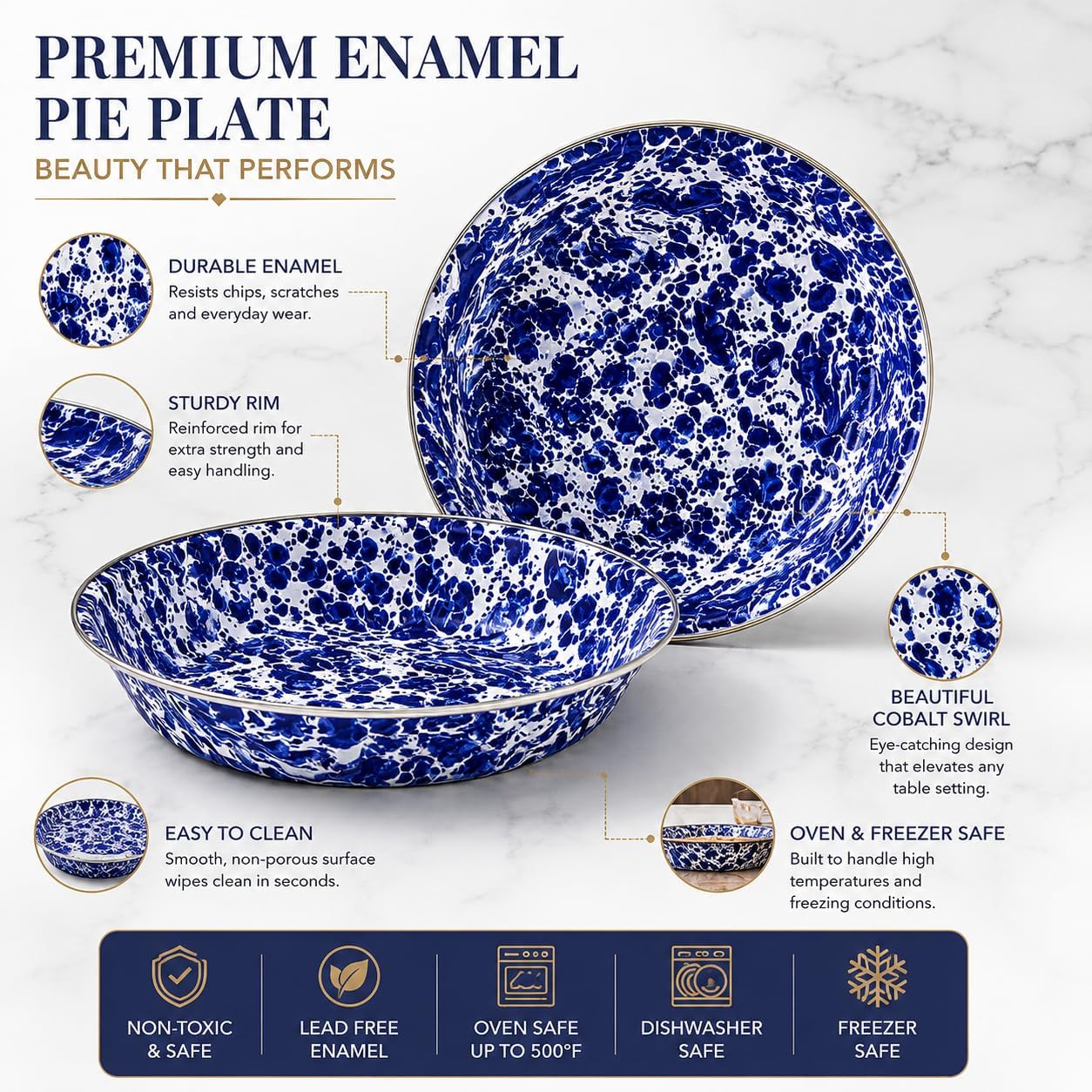 Golden Rabbit Enamelware Pie Pan Plate, 10 inch, Cobalt Swirl