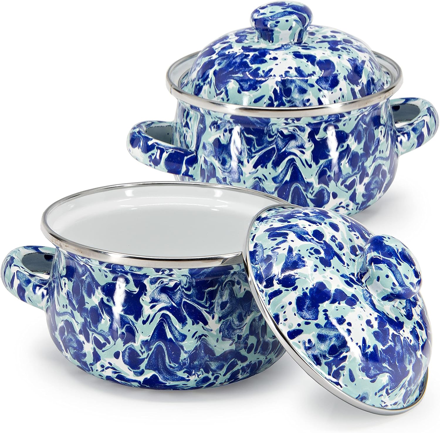 Golden Rabbit Enamelware Petite Tureens Pots, 16 ounce, Ocean, Set of 2