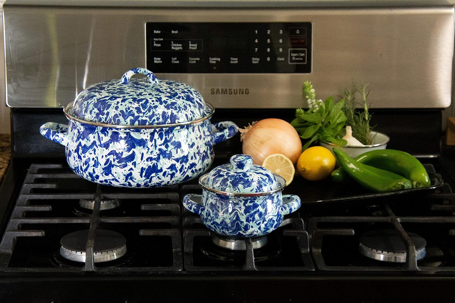 Golden Rabbit Enamelware Petite Tureens Pots, 16 ounce, Ocean, Set of 2