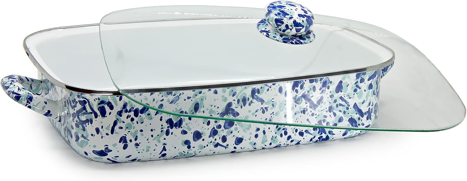 Golden Rabbit Enamelware Roasting Pan with Lid, 10.5 quarts, Ocean