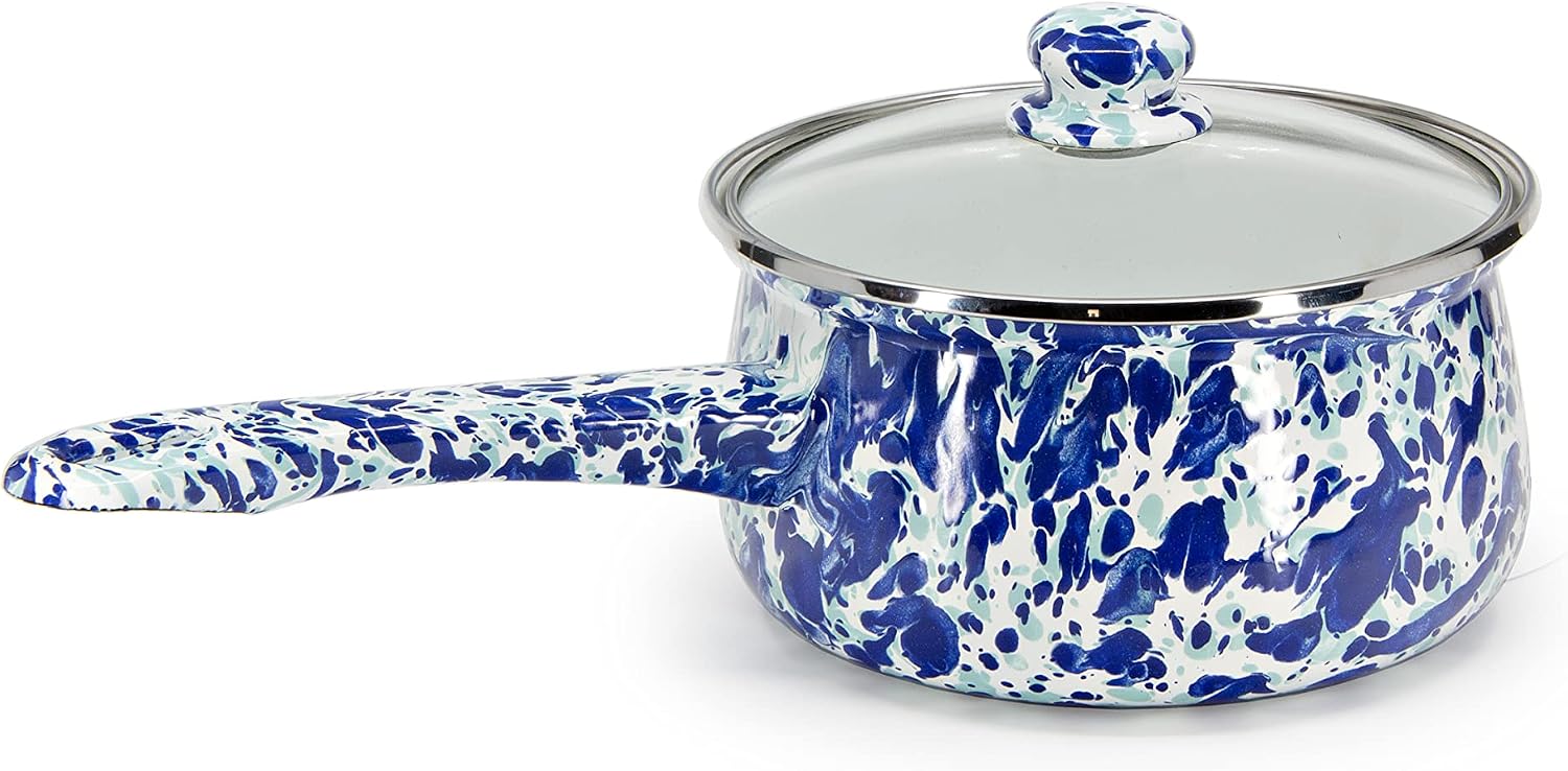 Golden Rabbit Enamelware Sauce Pan with Handle, 5 cup, Ocean