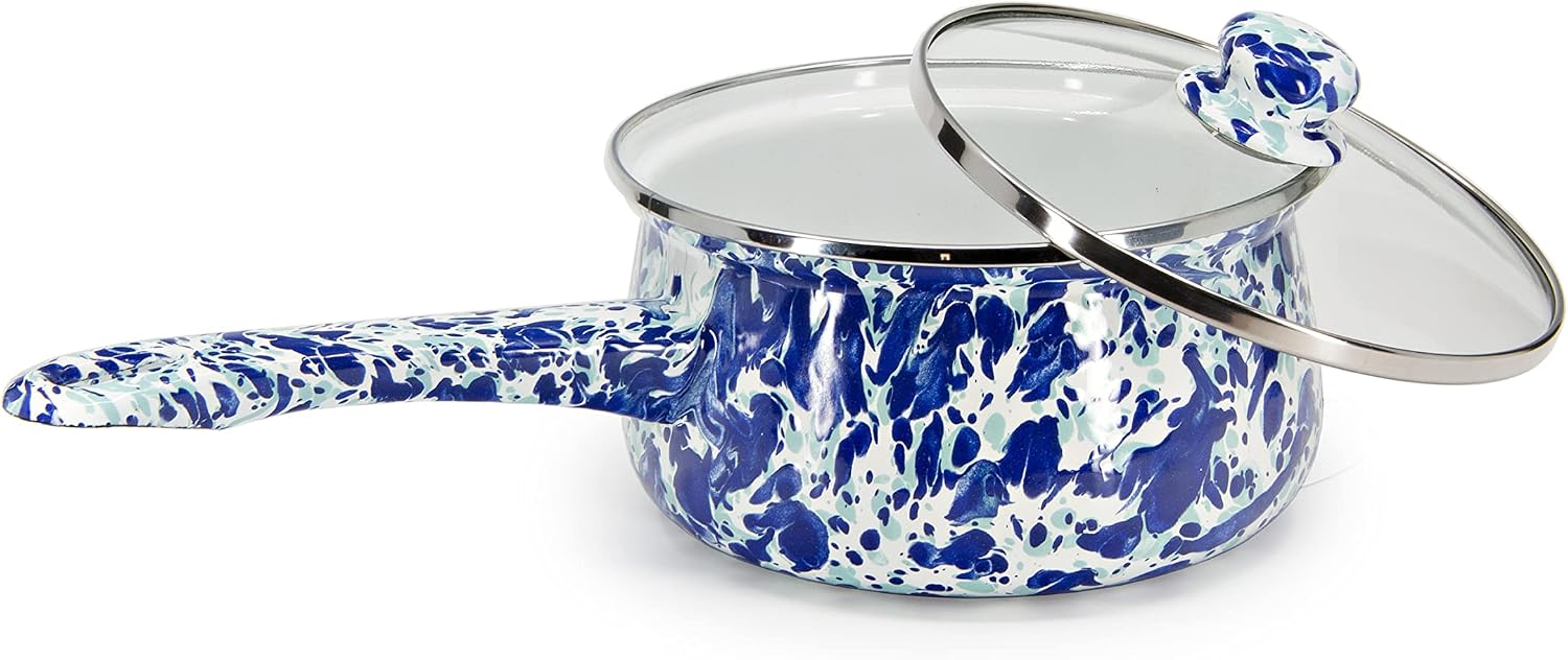 Golden Rabbit Enamelware Sauce Pan with Handle, 5 cup, Ocean