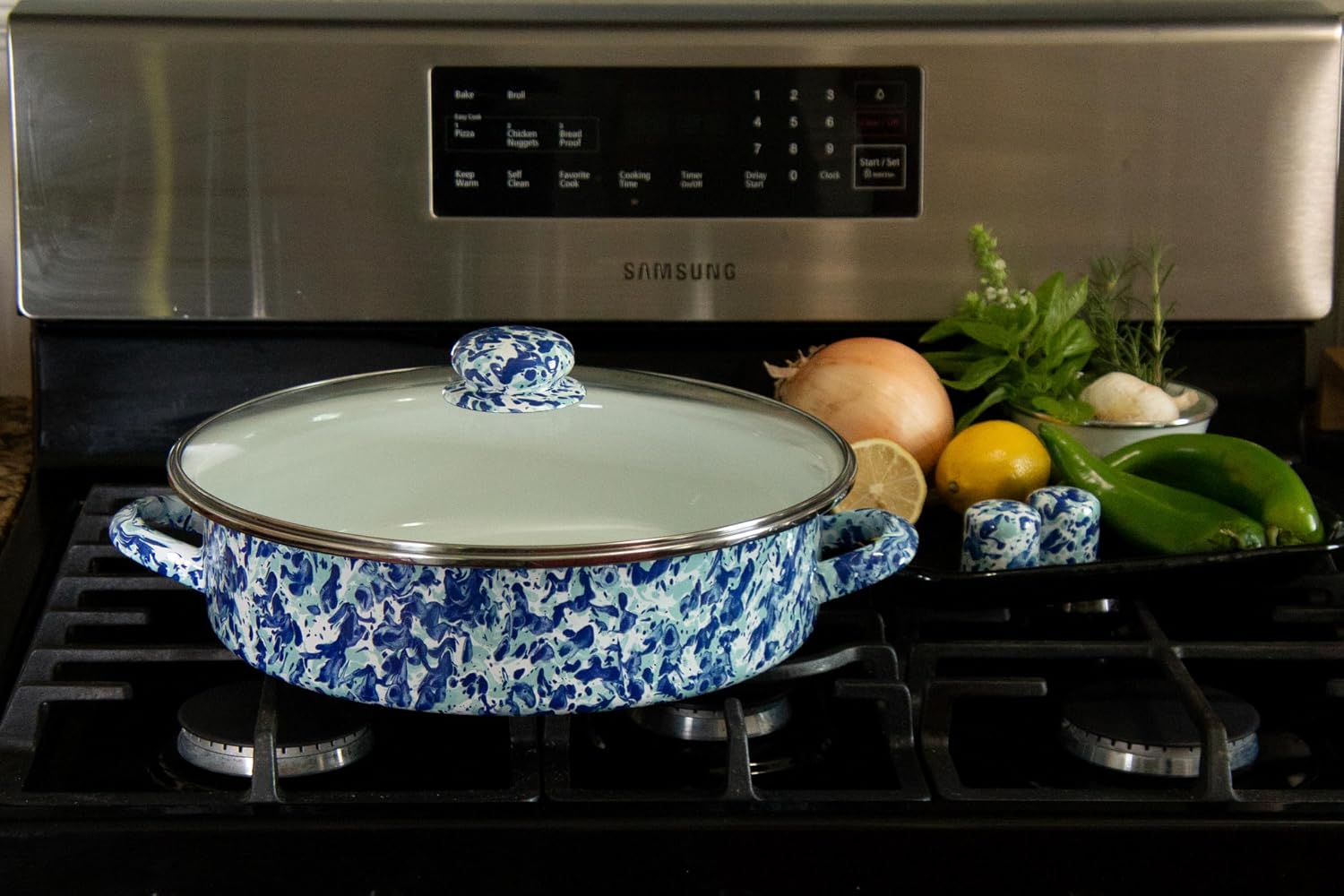 Golden Rabbit Enamelware Saute Pan, 5 quart, Ocean