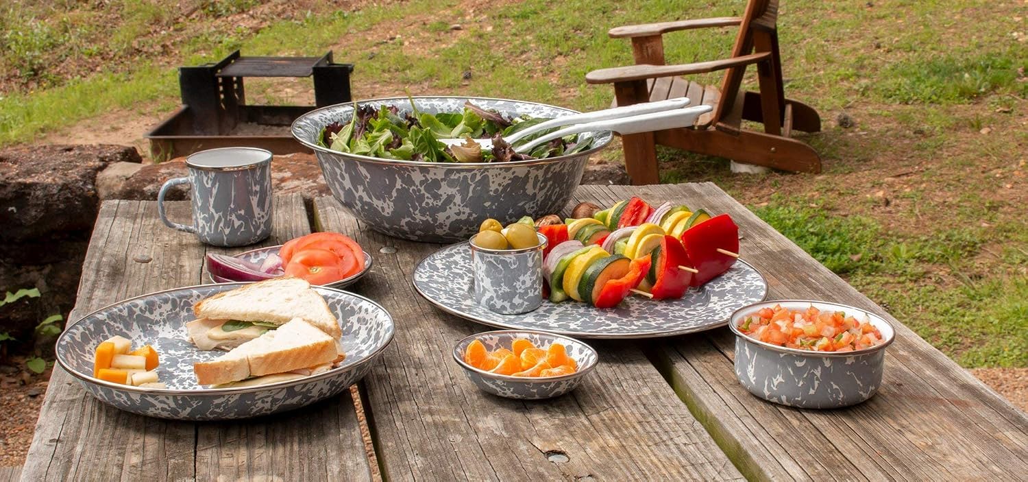 Golden Rabbit Enamelware Pasta Plates, 10 inch, Grey Swirl, Set of 4