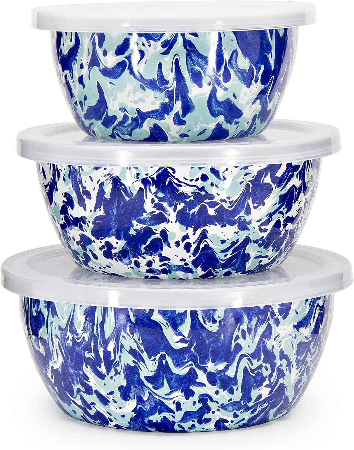 Golden Rabbit Enamelware Nesting Storage Bowls with Lids, Set of 3, Ocean