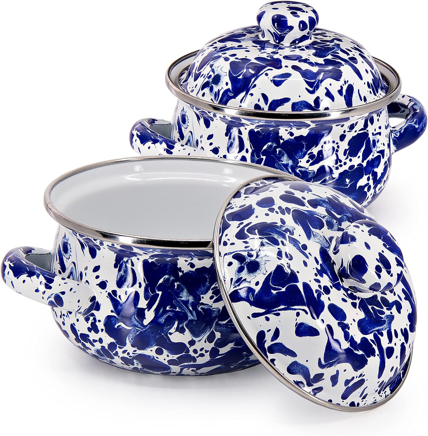 Golden Rabbit Enamelware Petite Tureens Pots, 16 ounce, Cobalt Swirl, Set of 2