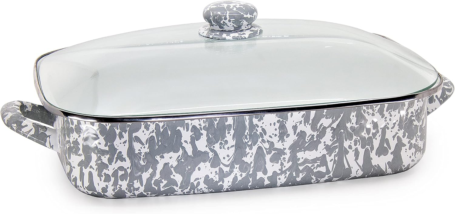 Golden Rabbit Enamelware Roasting Pan with Lid, 10.5 quarts, Grey Swirl