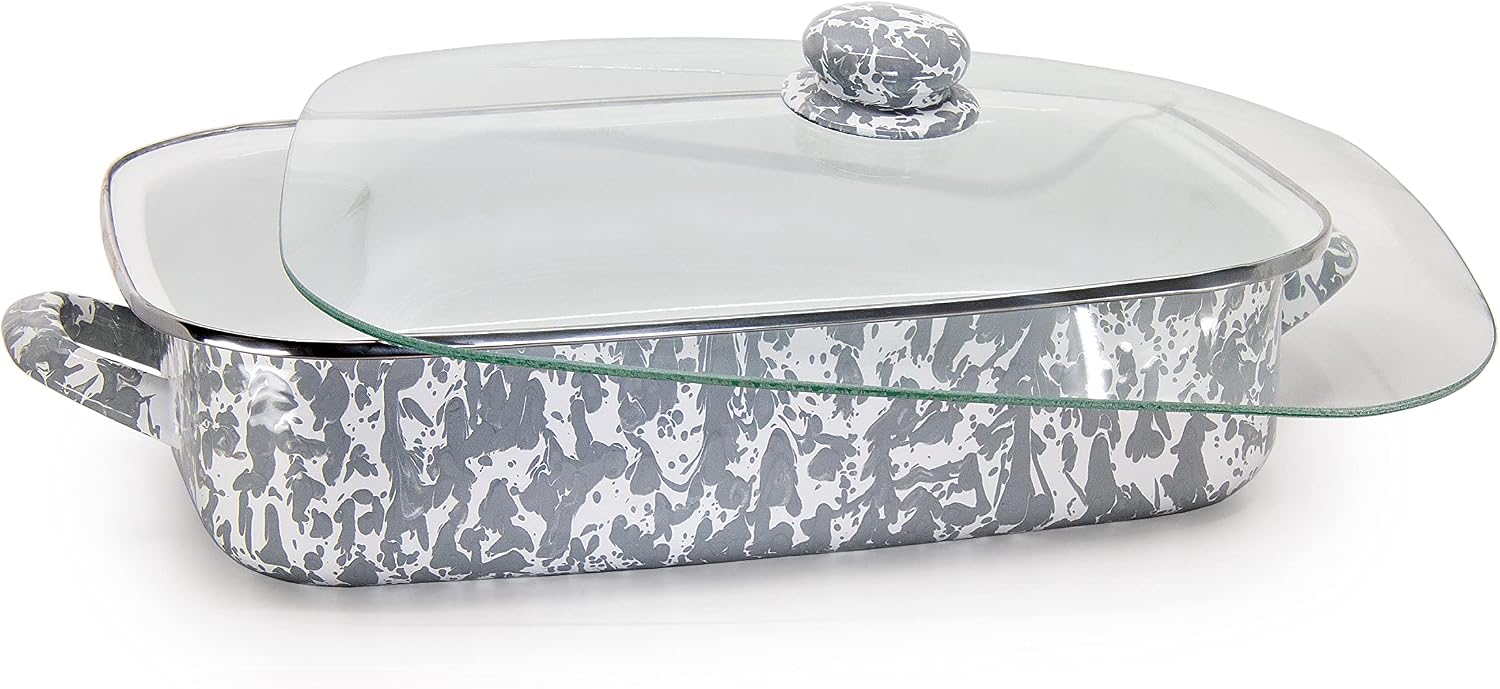 Golden Rabbit Enamelware Roasting Pan with Lid, 10.5 quarts, Grey Swirl
