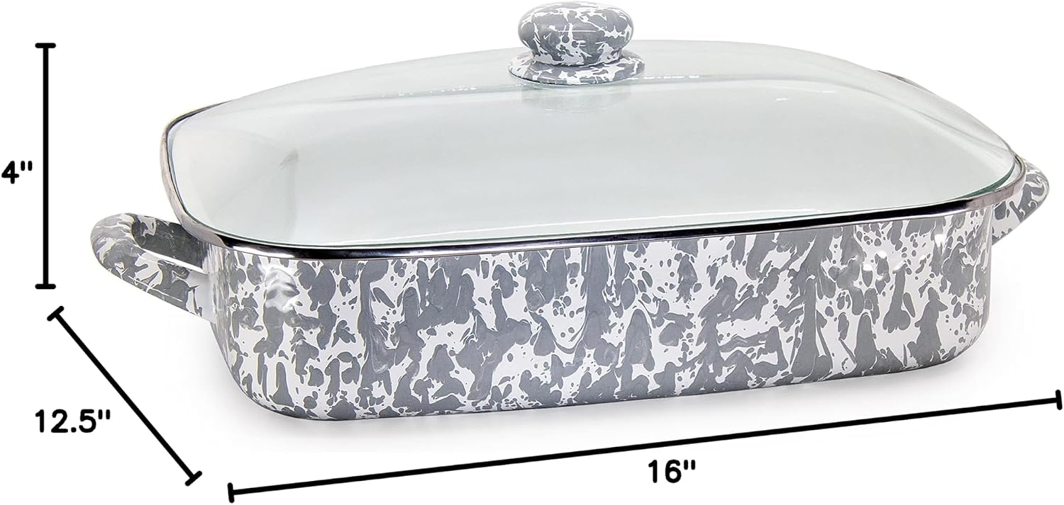 Golden Rabbit Enamelware Roasting Pan with Lid, 10.5 quarts, Grey Swirl