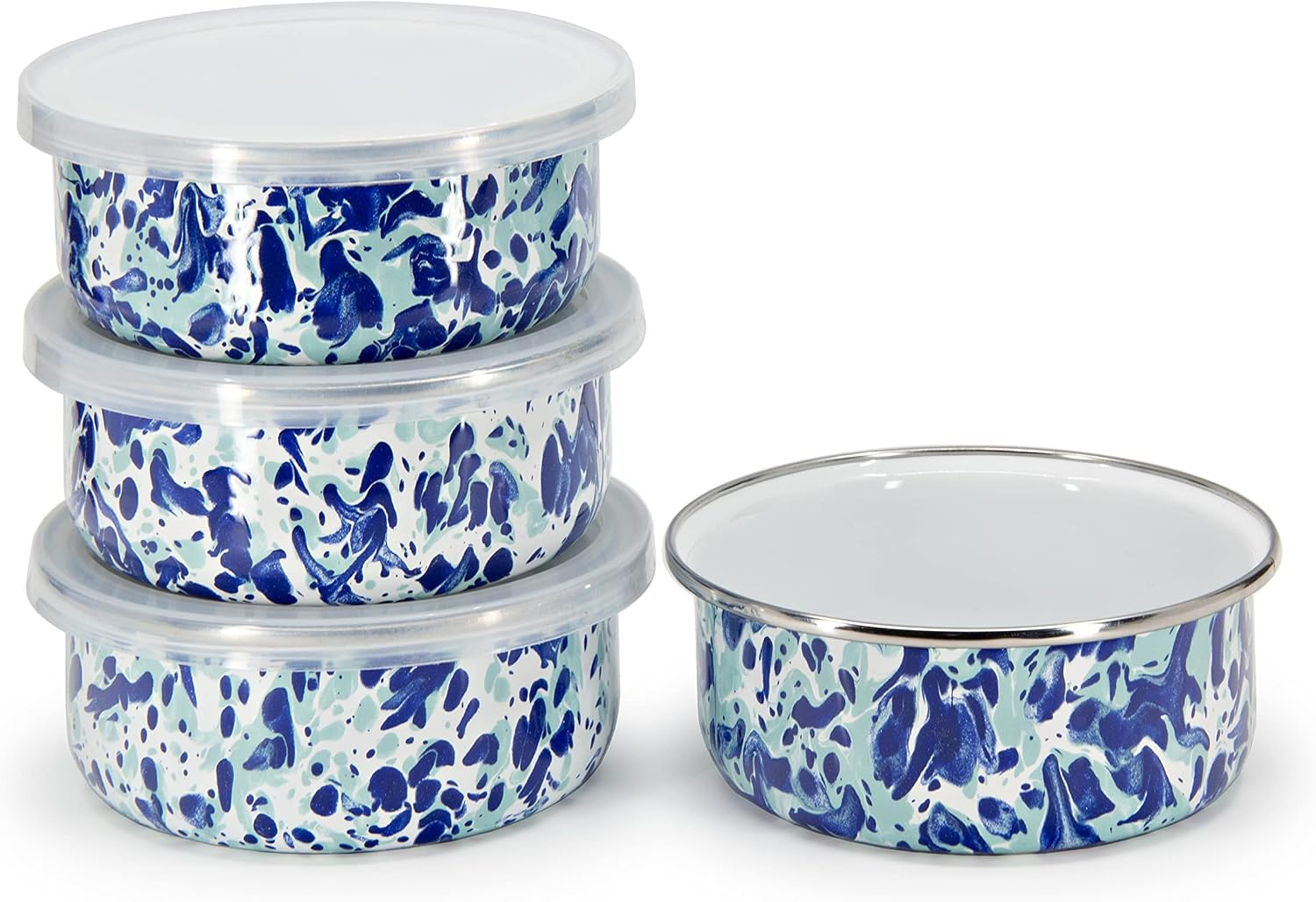 Golden Rabbit Enamelware Soup Bowls with Lids, 14 ounce, Ocean, Set of 4