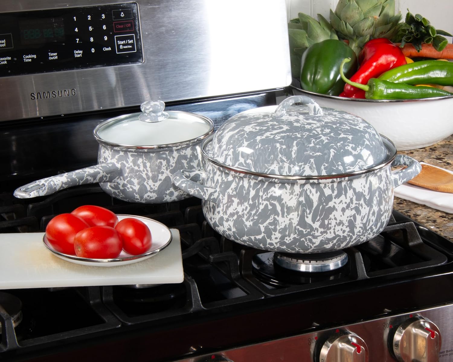 Golden Rabbit Enamelware Dutch Oven, 4 quart, Grey Swirl