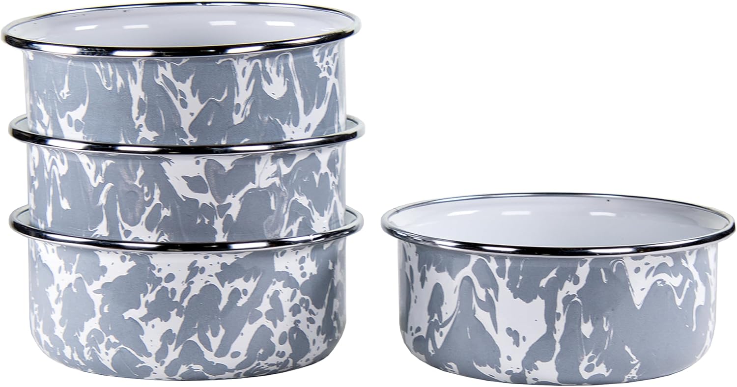 Golden Rabbit Enamelware Soup Bowls with Lids, 14 ounce, Grey Swirl, Set of 4