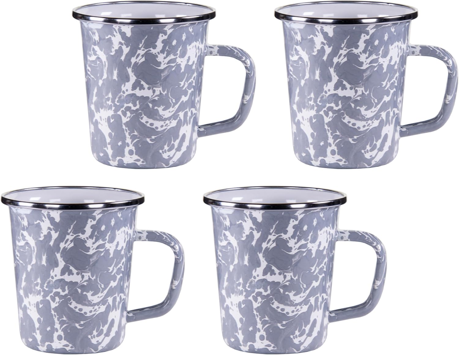 Golden Rabbit Enamelware Latte Coffee or Tea Mugs, 16 ounce, Grey Swirl, Set of 4