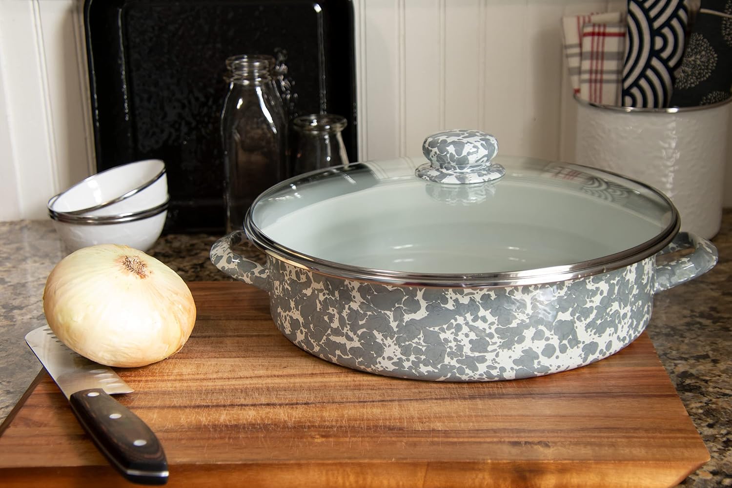 Golden Rabbit Enamelware Saute Pan, 5 quart, Grey Swirl