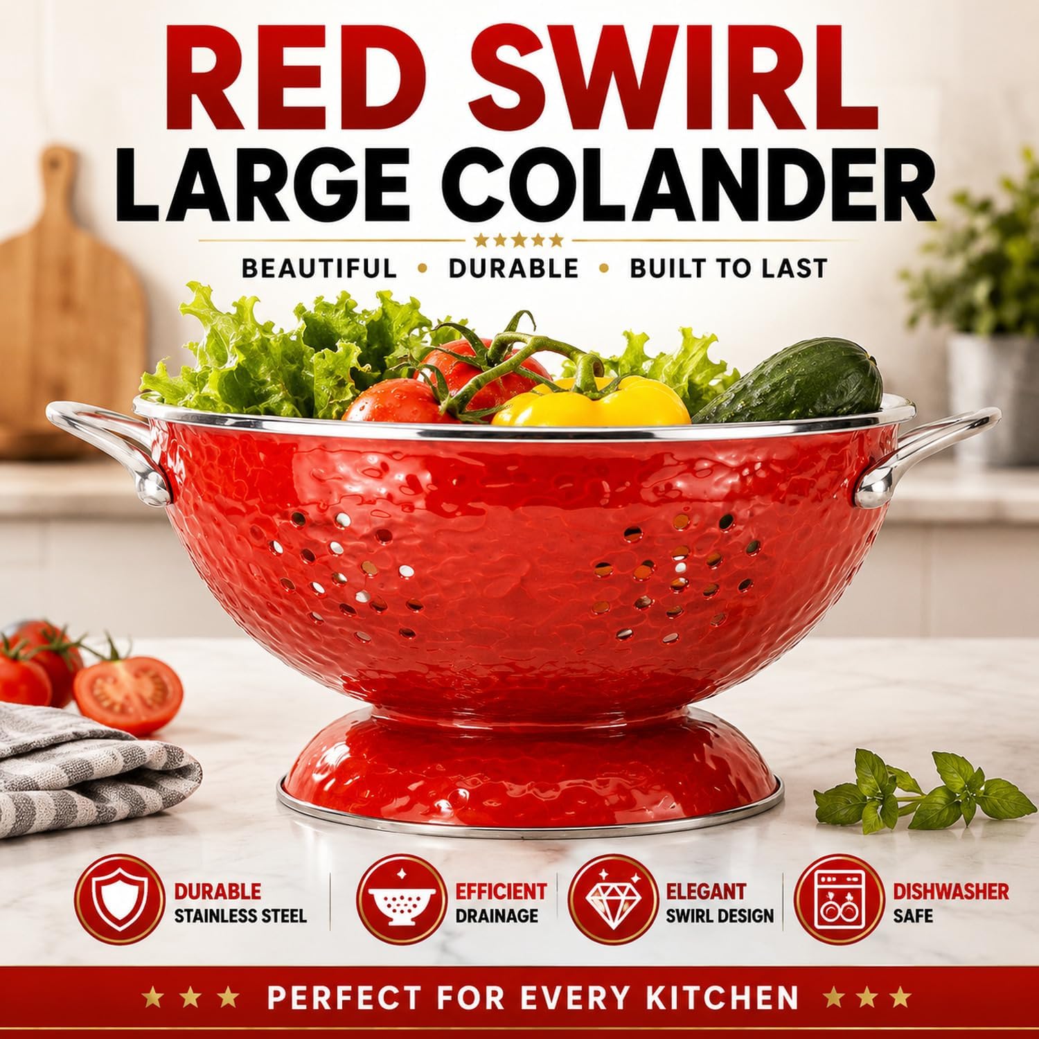 Golden Rabbit Enamelware Large Colander, 5 quart, Solid Red Textured