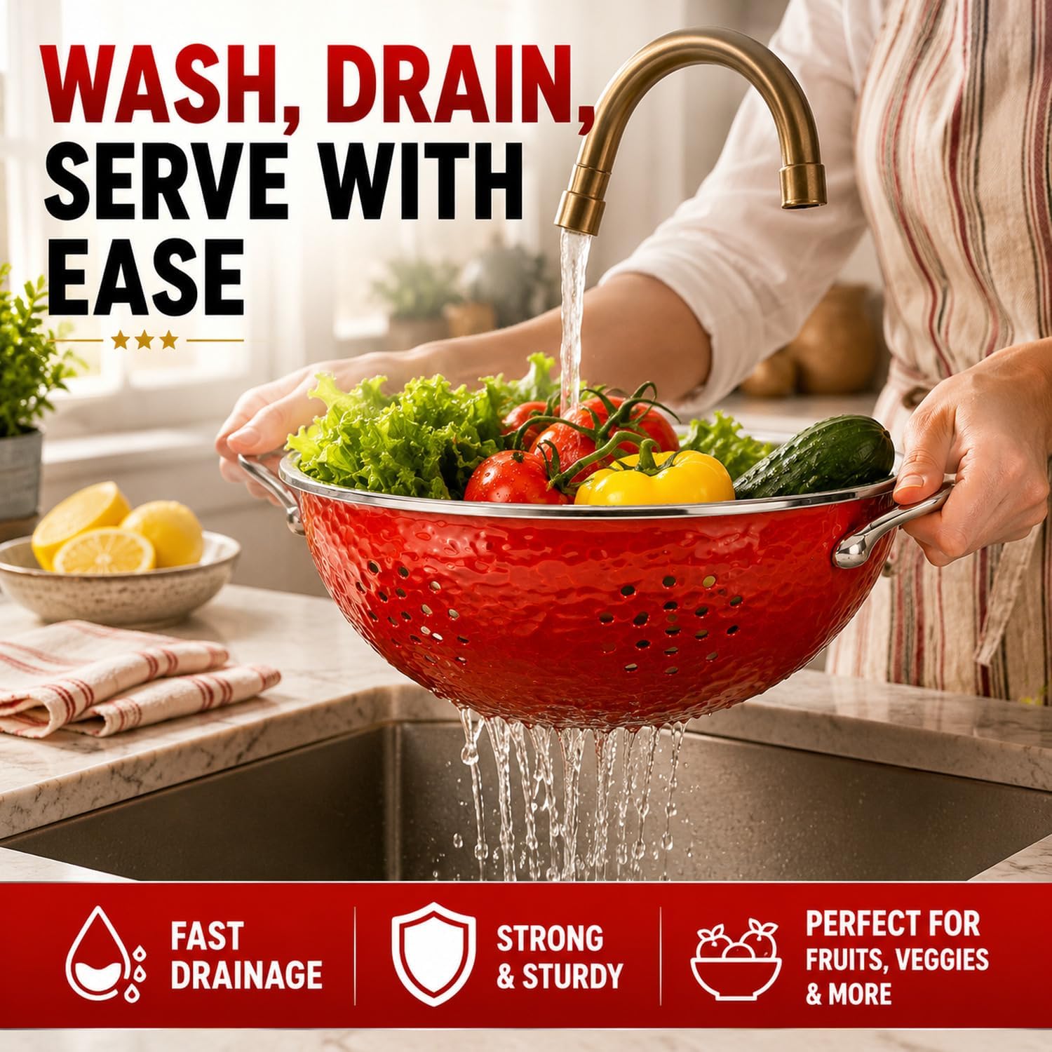 Golden Rabbit Enamelware Large Colander, 5 quart, Solid Red Textured