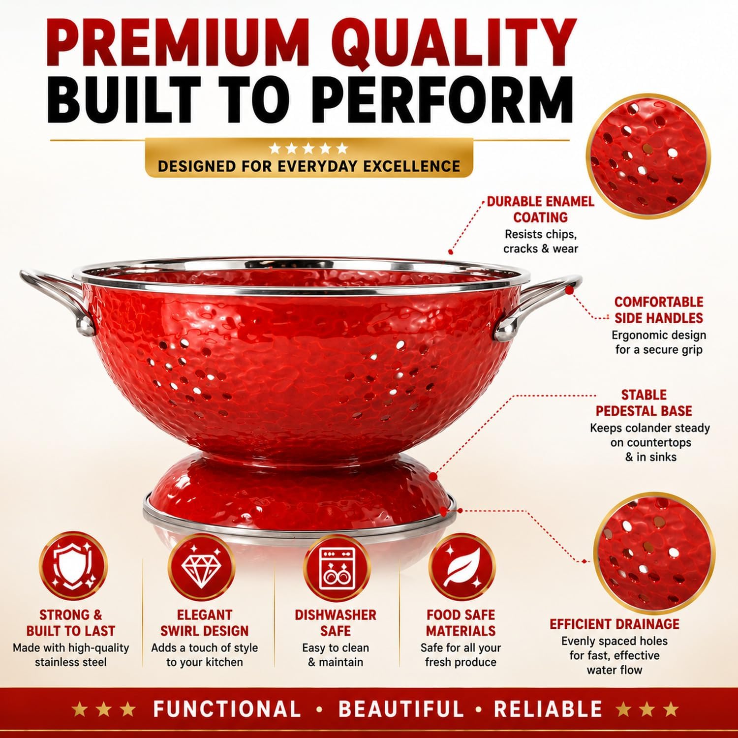 Golden Rabbit Enamelware Large Colander, 5 quart, Solid Red Textured