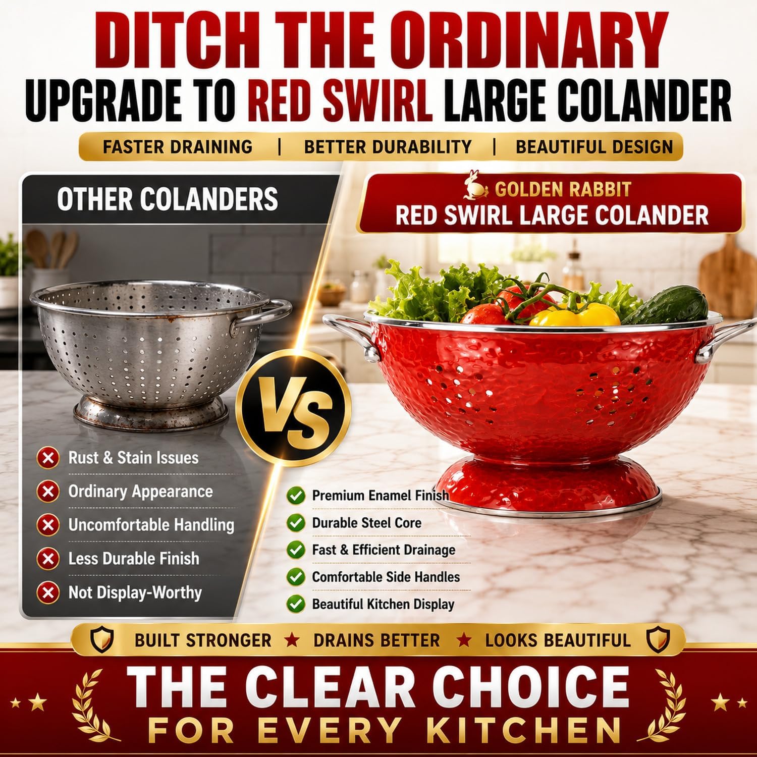 Golden Rabbit Enamelware Large Colander, 5 quart, Solid Red Textured
