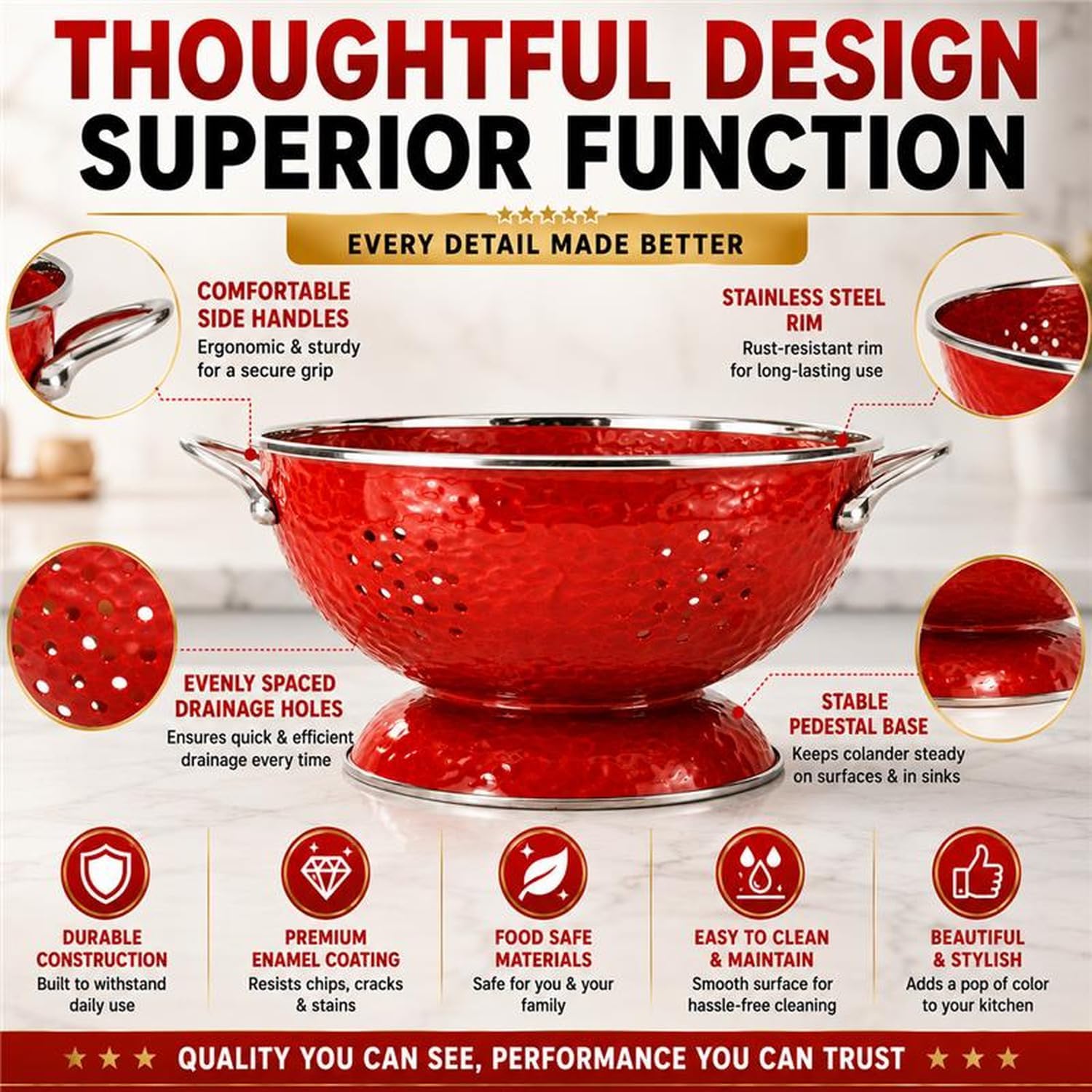 Golden Rabbit Enamelware Large Colander, 5 quart, Solid Red Textured