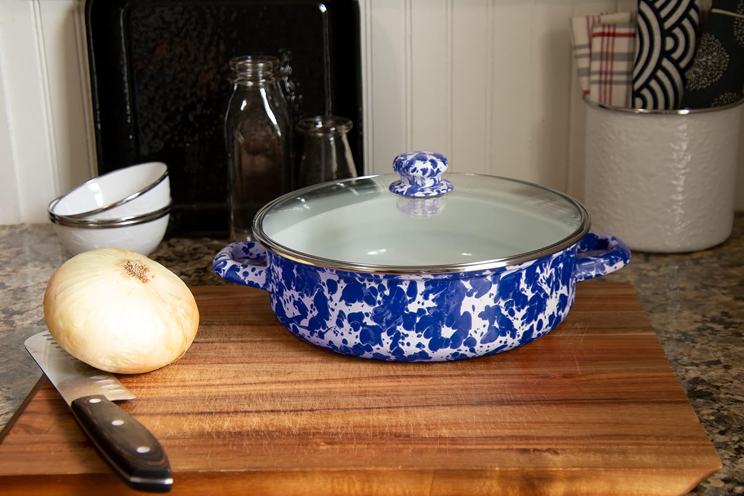 Golden Rabbit Enamelware Saute Pan, 3 quart, Cobalt Swirl