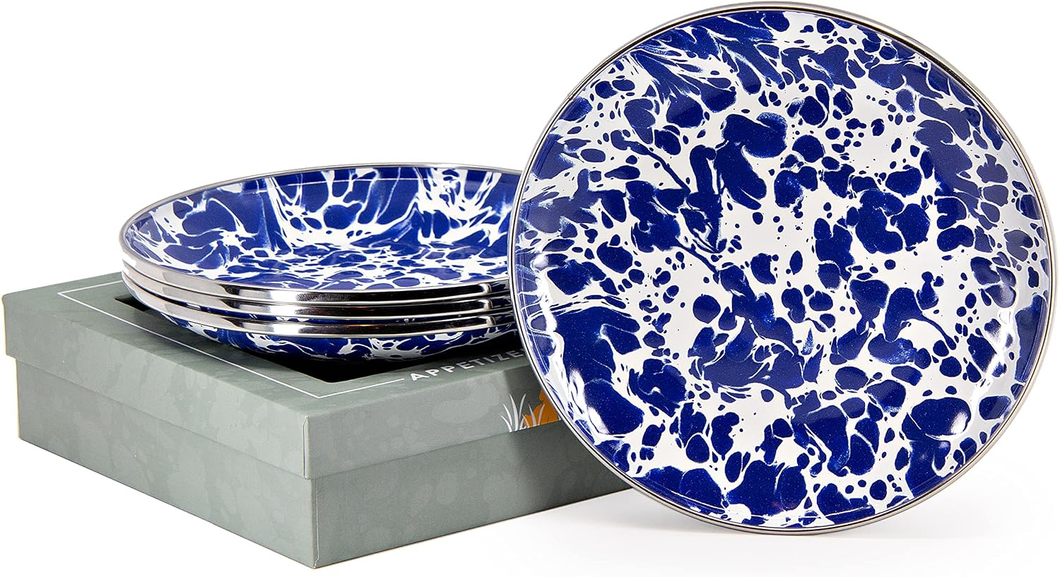 Golden Rabbit Enamelware Appetizer Plate Gift Set, Set of 4, Cobalt Swirl