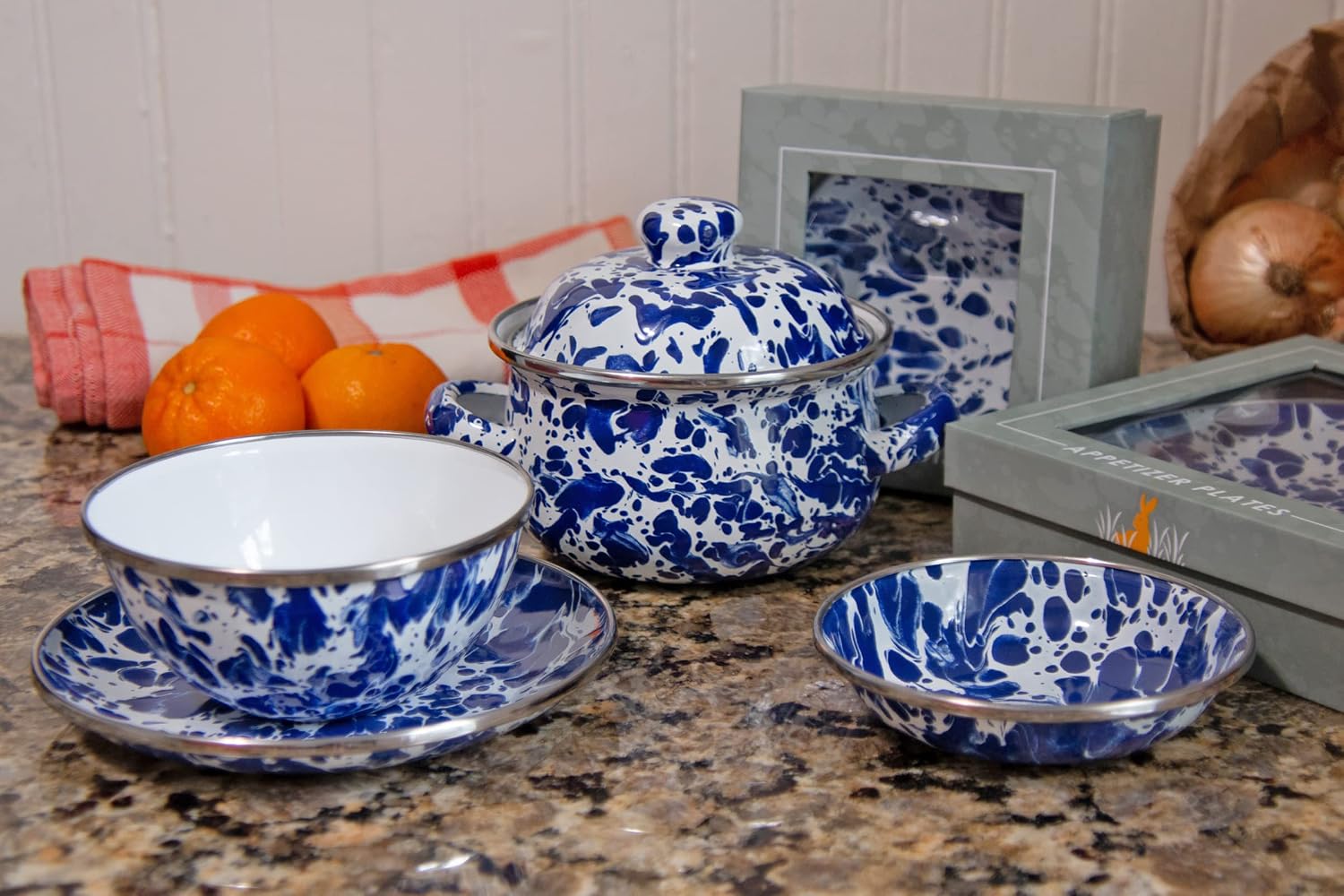 Golden Rabbit Enamelware Appetizer Plate Gift Set, Set of 4, Cobalt Swirl