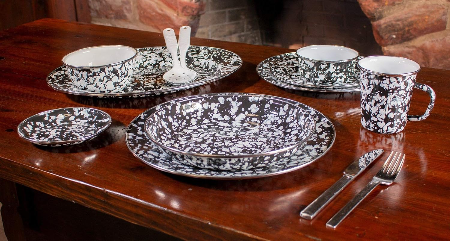 Golden Rabbit Enamelware Chargers, 12.5 inch, Black Swirl, Set of 2