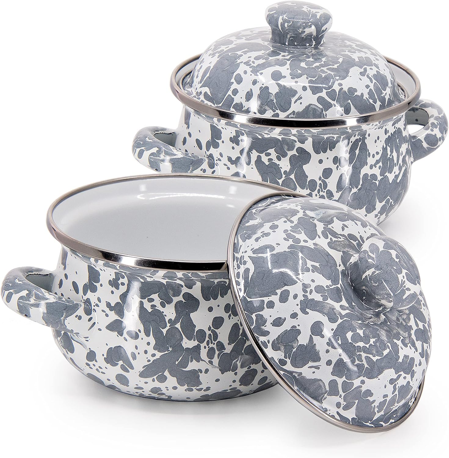 Golden Rabbit Enamelware Petite Tureens Pots, 16 ounce, Grey Swirl, Set of 2