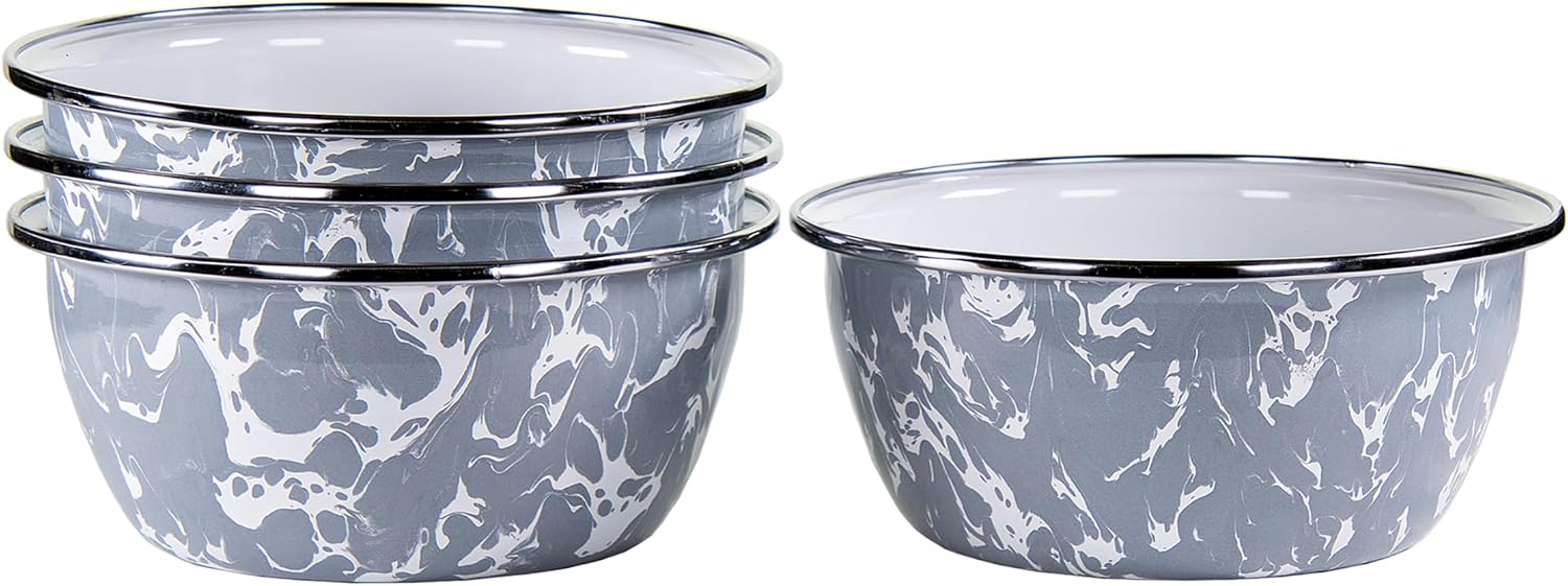 Golden Rabbit Enamelware Salad Bowls, 24 ounce, Grey Swirl, Set of 4