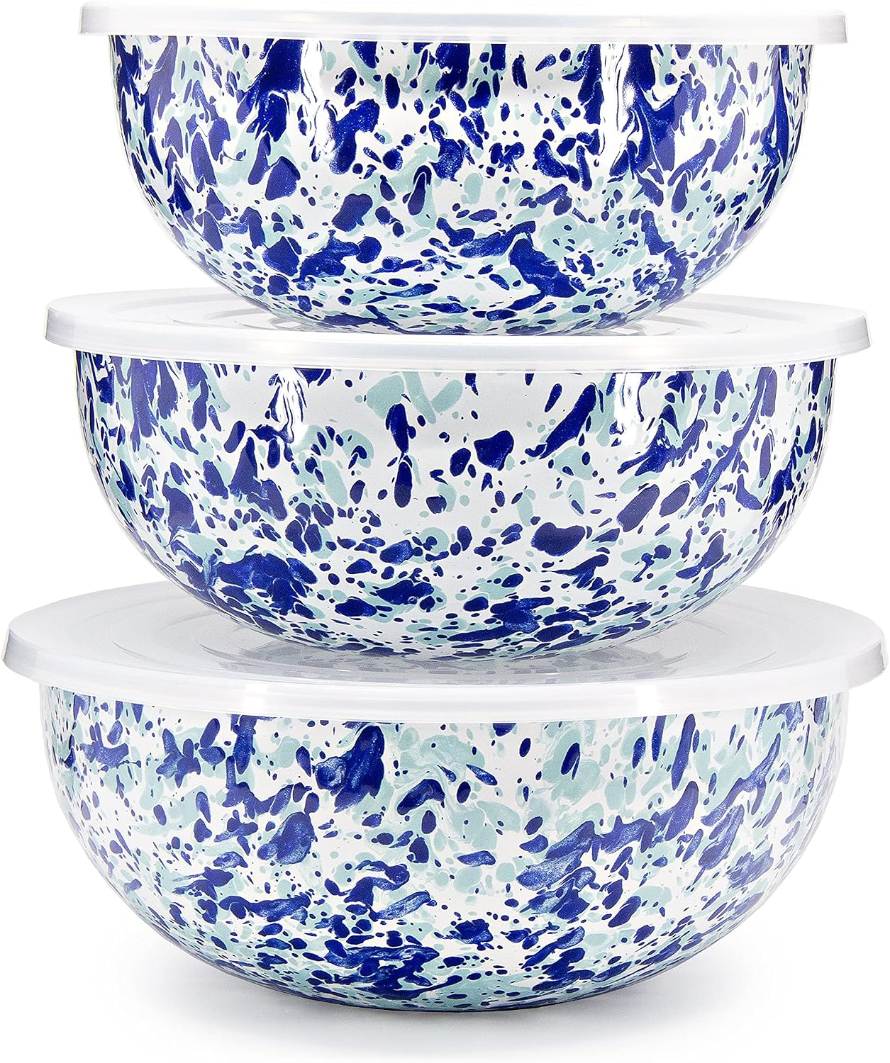 Golden Rabbit Enamelware Nested Mixing Bowls with Lids, Set of 3, Ocean