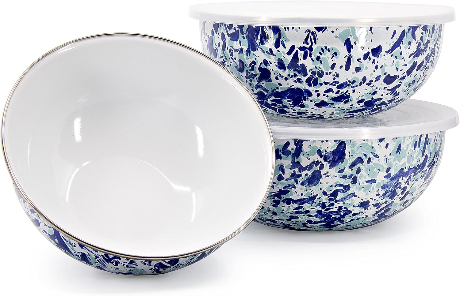 Golden Rabbit Enamelware Nested Mixing Bowls with Lids, Set of 3, Ocean