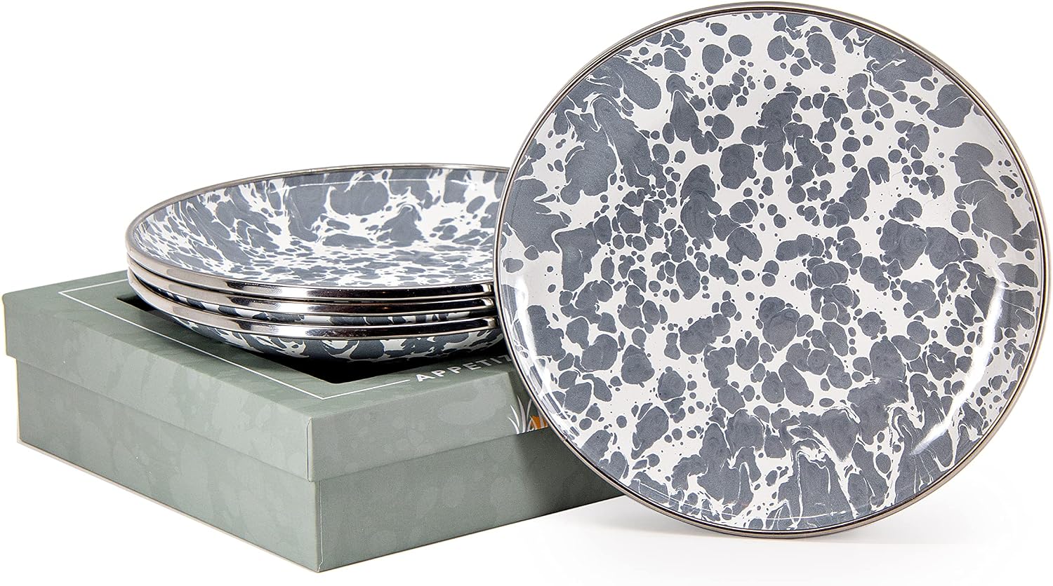 Golden Rabbit Enamelware Appetizer Plate Gift Set, Set of 4, Grey Swirl