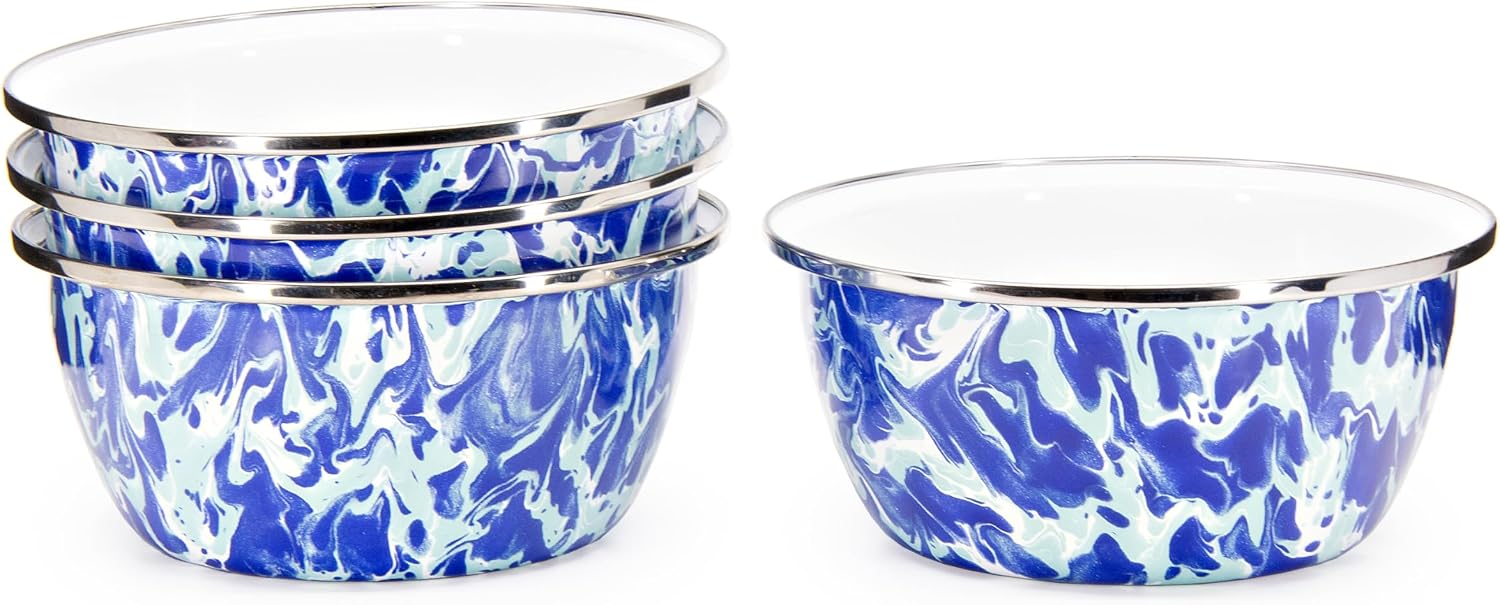 Golden Rabbit Enamelware Salad Bowls, 24 ounce, Ocean, Set of 4