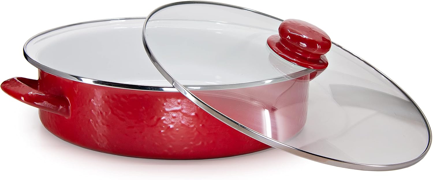 Golden Rabbit Enamelware Saute Pan, 5 quart, Solid Red Textured