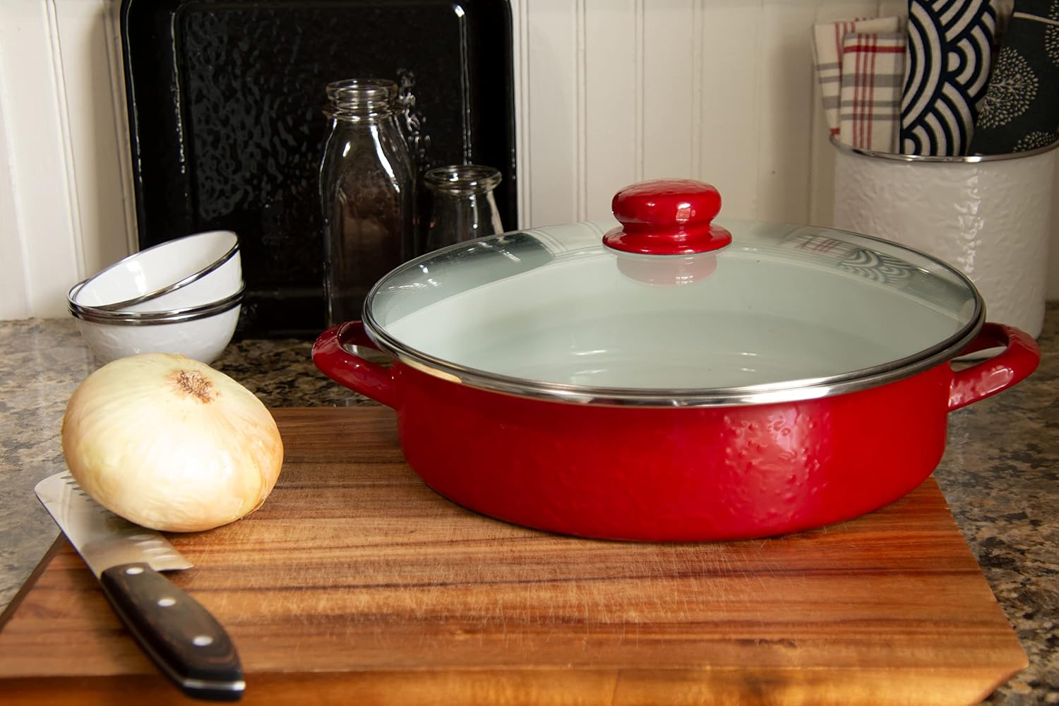 Golden Rabbit Enamelware Saute Pan, 5 quart, Solid Red Textured