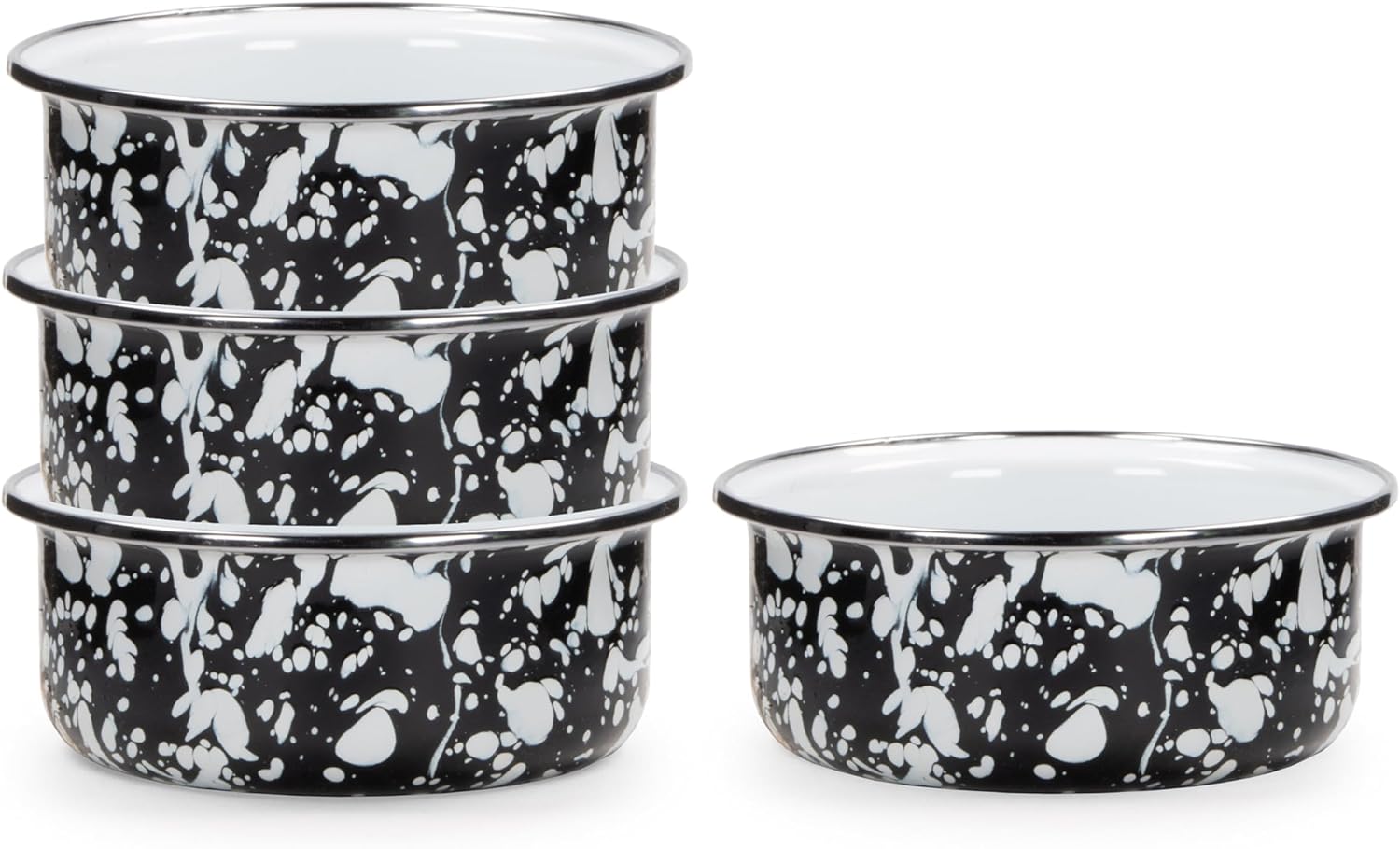 Golden Rabbit Enamelware Soup Bowls with Lids, 14 ounce, Black Swirl, Set of 4