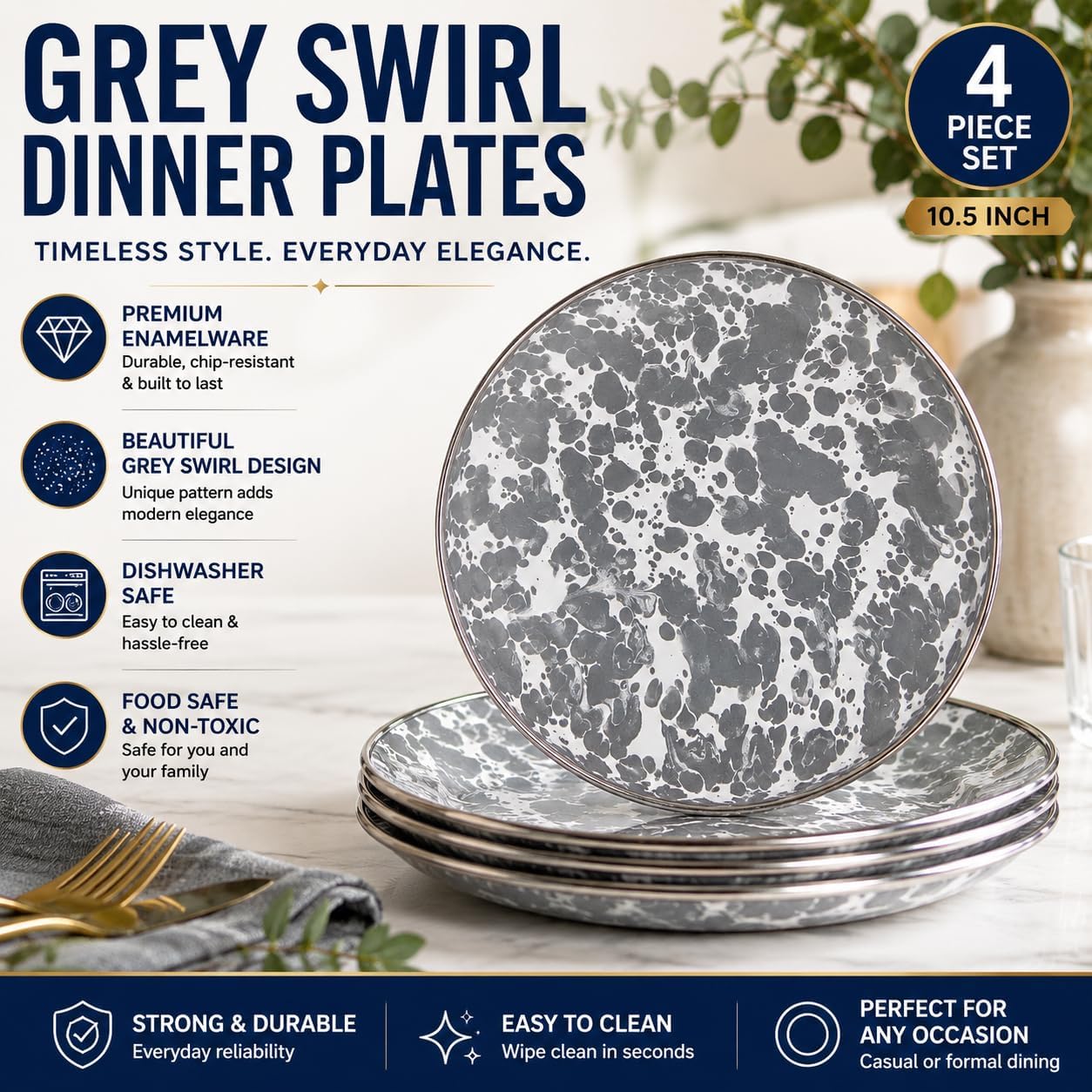 Golden Rabbit Enamelware Appetizer Plates, 6 inch, Grey Swirl, Set of 4