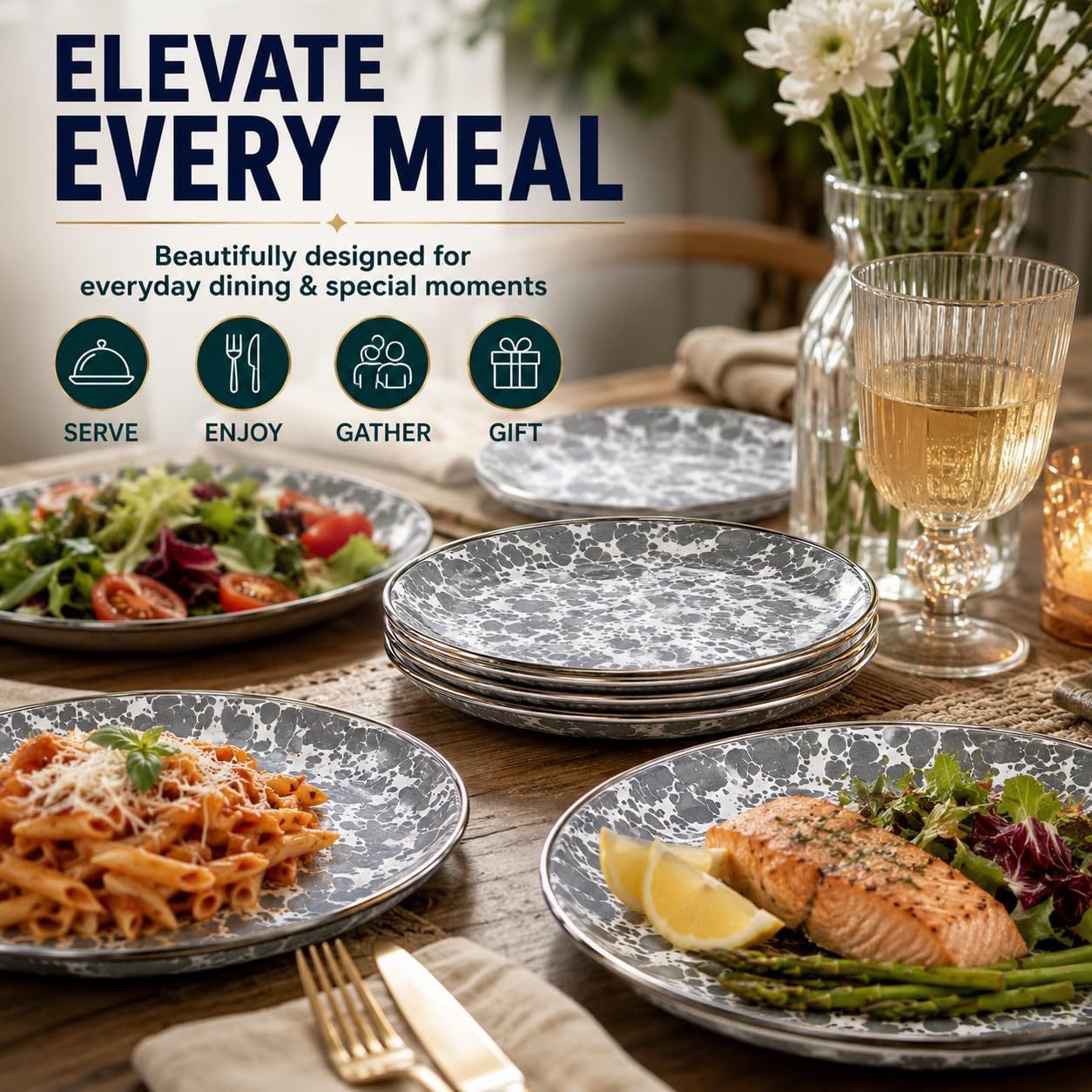 Golden Rabbit Enamelware Appetizer Plates, 6 inch, Grey Swirl, Set of 4