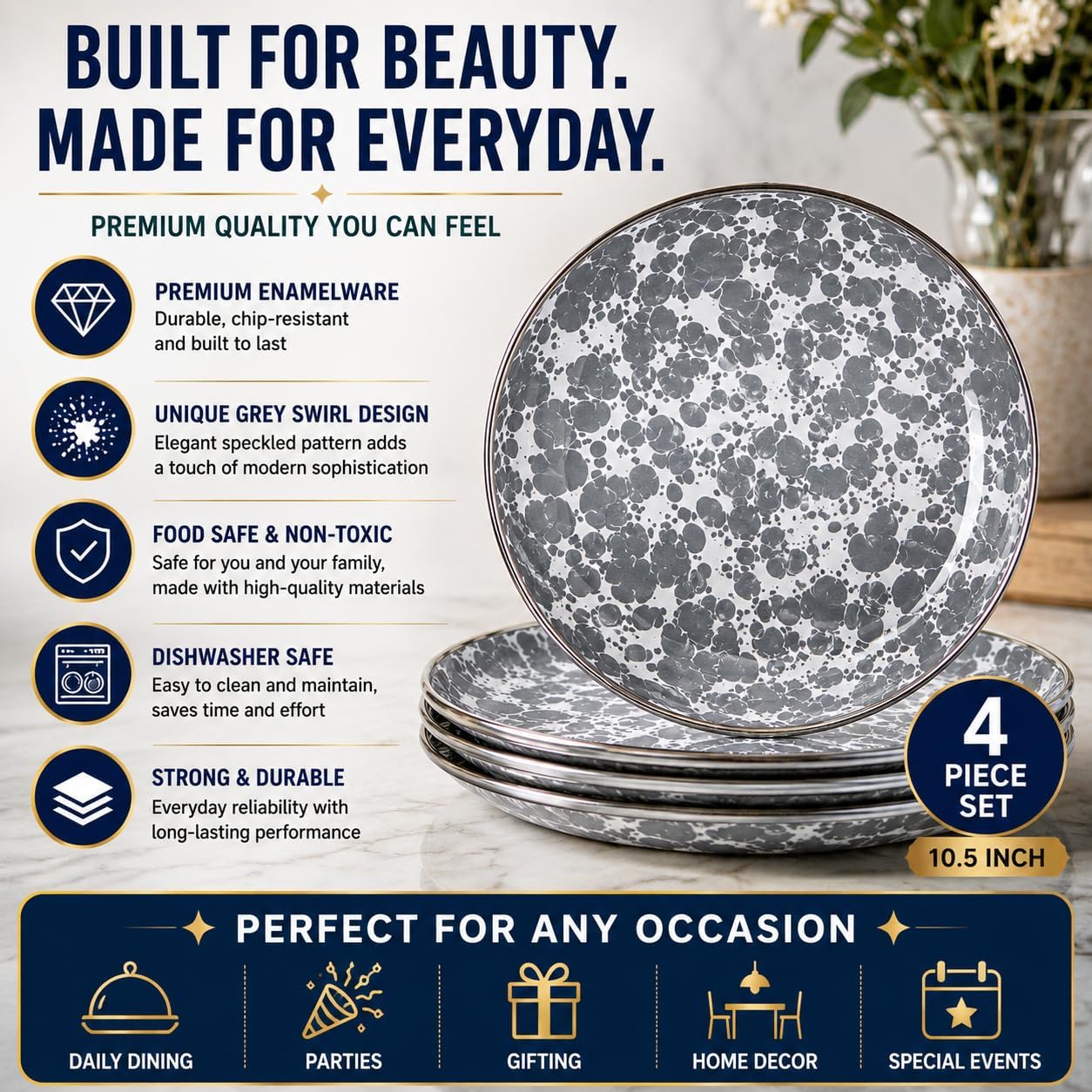 Golden Rabbit Enamelware Appetizer Plates, 6 inch, Grey Swirl, Set of 4