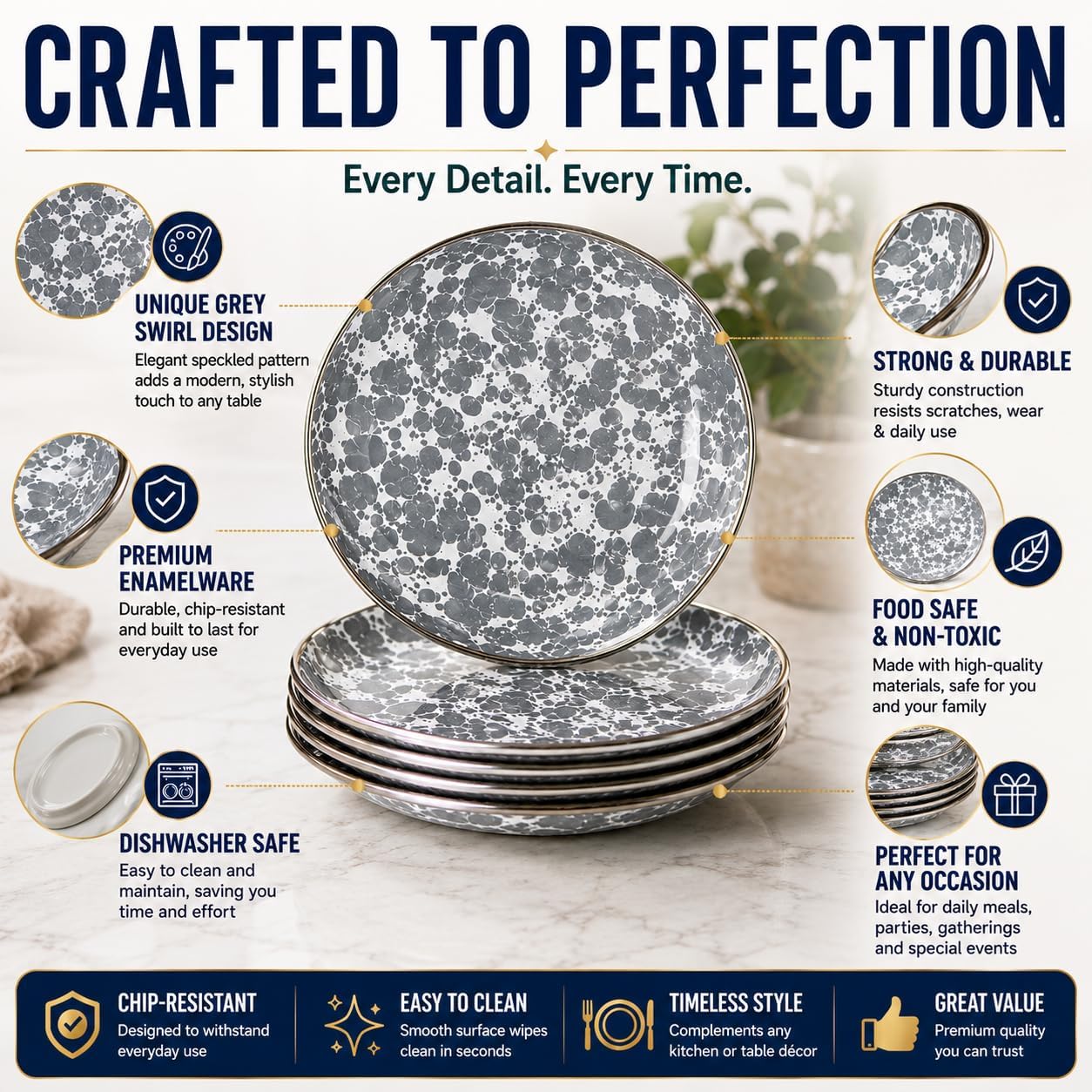 Golden Rabbit Enamelware Appetizer Plates, 6 inch, Grey Swirl, Set of 4