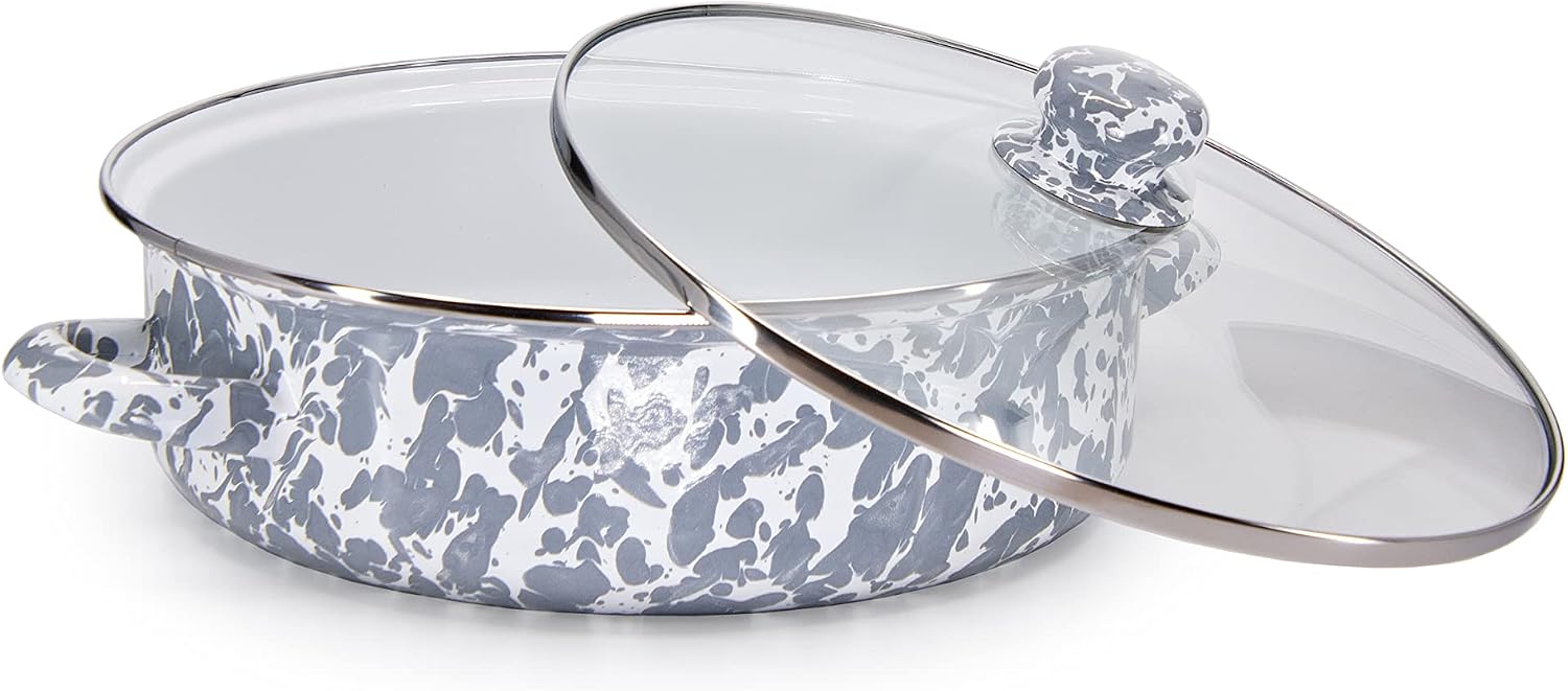Golden Rabbit Enamelware Saute Pan, 3 quart, Grey Swirl